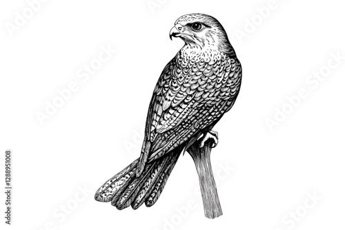 Old engraving style falcon, black sketch effect, wildlife print, trendy design, hand-drawn bird art, vintage illustration, classic animal art, white background.