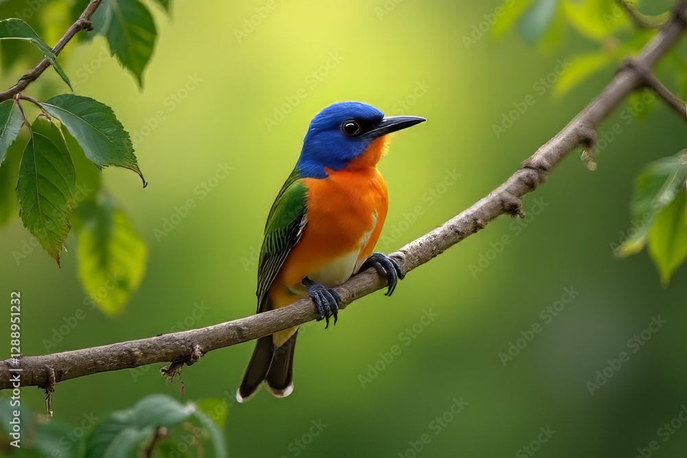 Vibrant Colorful Bird Perched on Branch in Lush Green Garden Vibrant Colorful Bird Perched on Branch in Lush Green Garden