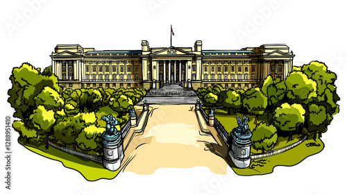 Vector comic hand-drawn illustration of Buckingham palace. Buckingham palace in London