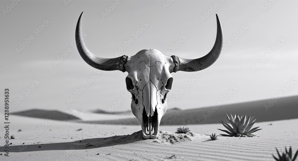 Fototapeta premium a bull skull sitting in the sand in the desert.