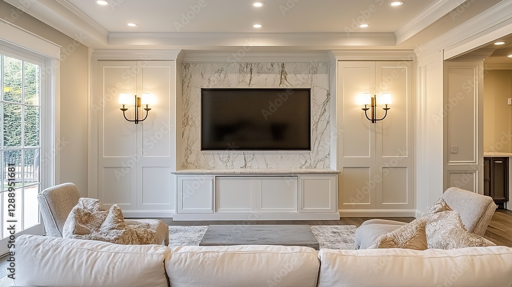 Fototapeta premium Elegant Living Room Featuring Marble Fireplace and Flat Screen Television