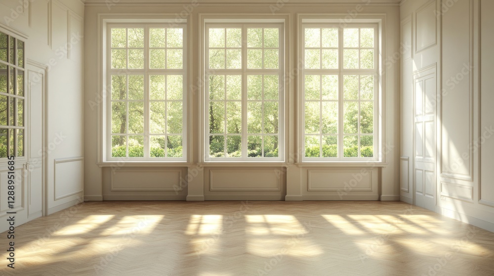 3D-rendered empty apartment with garden, rooms, and windows 3D-rendered empty apartment with garden, rooms, and windows