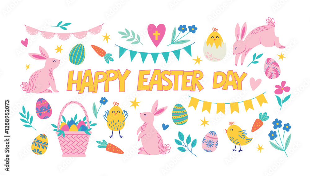 Easter illustrations set. Spring collection for Easter holiday. Vector illustrations isolated on white background. Easter illustrations set. Spring collection for Easter holiday. Vector illustrations isolated on white background.