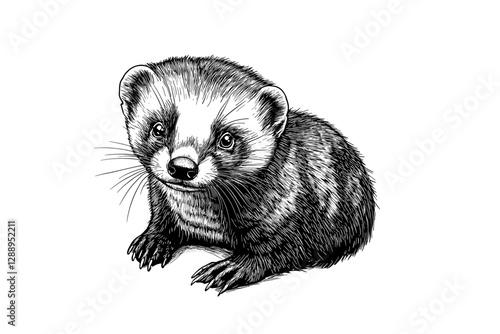 Vector illustration of ferret, trendy wildlife black sketch in antique style, small predator animal, vintage print design, white background.