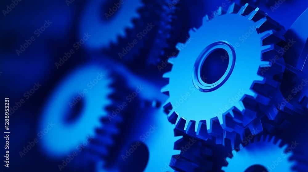 Close-up view of intricately designed blue gears interlocking in a mechanical setting Close-up view of intricately designed blue gears interlocking in a mechanical setting