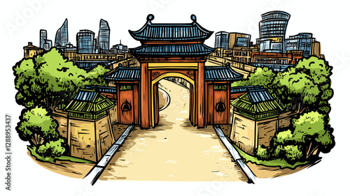 Vector comic hand-drawn illustration of Chinatown. Chinatown in London