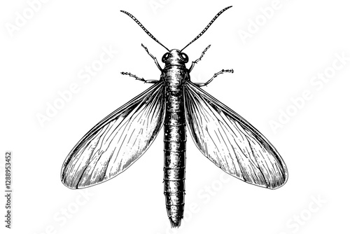 Hand-drawn firefly, black sketch effect, aquatic animal, vintage art, antique style, rodent, trendy wildlife illustration, vector, print design, engraved look, white background.