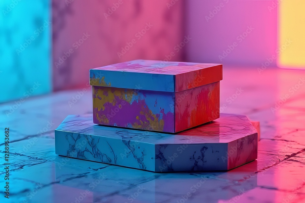 Obraz premium Vibrant Gift Box Display on a Marble Platform with Neon Lighting