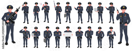 Police Officer Character Design Model Sheet. Man, Character design. Front, side, back view and explainer animation poses. Character set with lip sync and Walk cycle animation sequences.