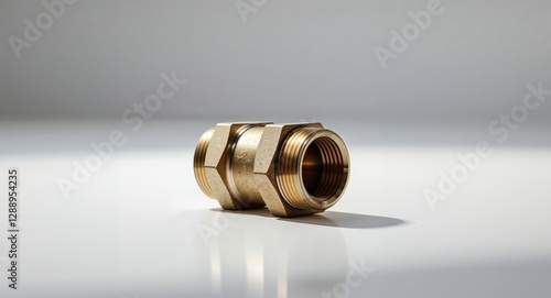 Brass Pipe Fitting Connector for Plumbing Systems and Industrial Applications in Clean Background. photo