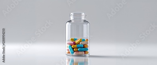 Clear glass bottle of vitamin supplements for health.