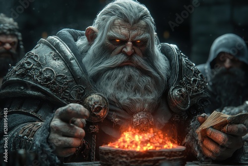 Grizzled dwarf elder examines burning embers, holding ancient text.  Intense gaze and ornate armor. Fantasy setting. photo