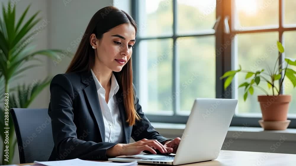 Professional woman engaged in work at office desk with laptop in bright natural light Professional woman engaged in work at office desk with laptop in bright natural light