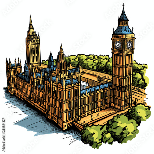 Vector comic hand-drawn illustration of Palace of Westminster. Palace of Westminster in London