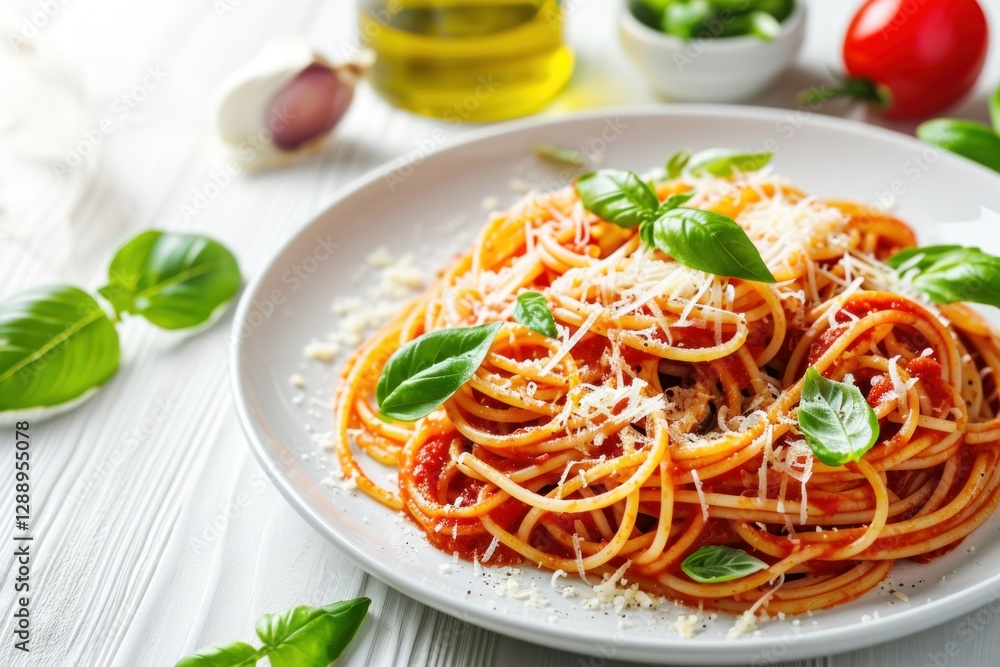 Pasta. Spaghetti with Tomato Sauce and Mozzarella, Italian Spaghetti, Rich Tomato Sauce, and Melted Mozzarella Cheese Isolated on Background with Copy Space. Italian Food Concept with Copy Space. Pasta. Spaghetti with Tomato Sauce and Mozzarella, Italian Spaghetti, Rich Tomato Sauce, and Melted Mozzarella Cheese Isolated on Background with Copy Space. Italian Food Concept with Copy Space.