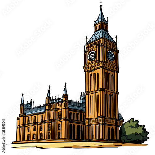 Vector comic hand-drawn illustration of Palace of Westminster. Palace of Westminster in London