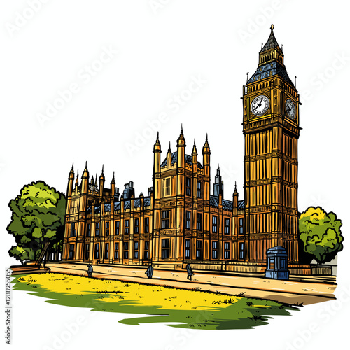 Vector comic hand-drawn illustration of Palace of Westminster. Palace of Westminster in London