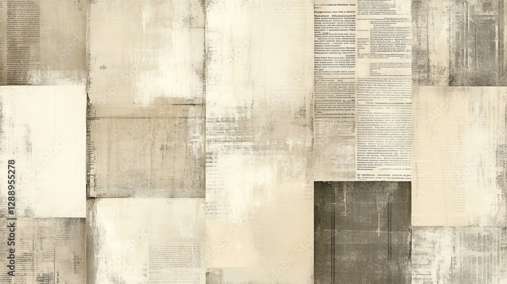 Naklejka premium A seamless grunge patchwork pattern of newspaper prints, beige and gray, resembling old notebook sheets