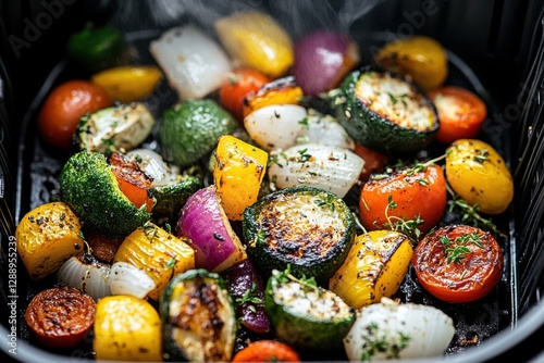 Colorful roasted vegetables with herbs in an air fryer on a kitchen countertop at dinner time