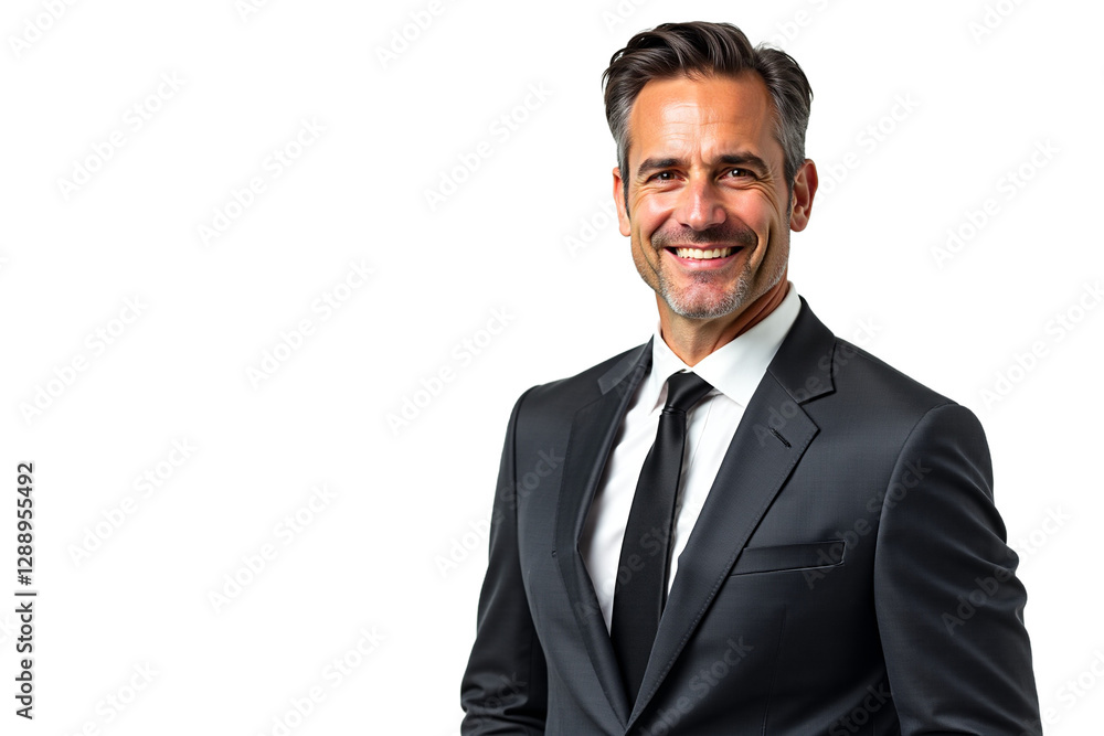 Smiling businessman portrait isolated on white background. Middle-aged professional man in suit for corporate website, business brochure, or LinkedIn profile. Isolated on transparent background.