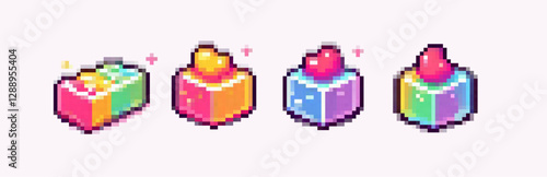 Four pixel art desserts featuring colorful layers and toppings are aligned in a row. Each has a glossy finish, adding a playful and nostalgic touch reminiscent of retro graphics.