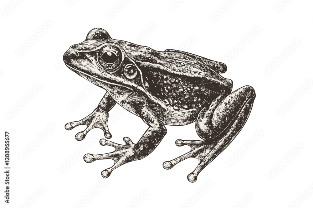 Obraz premium Vintage amphibian art featuring hand-drawn frog illustration, black sketch design, old engraving style, wildlife-inspired trendy print on white background, artistic nature decor.