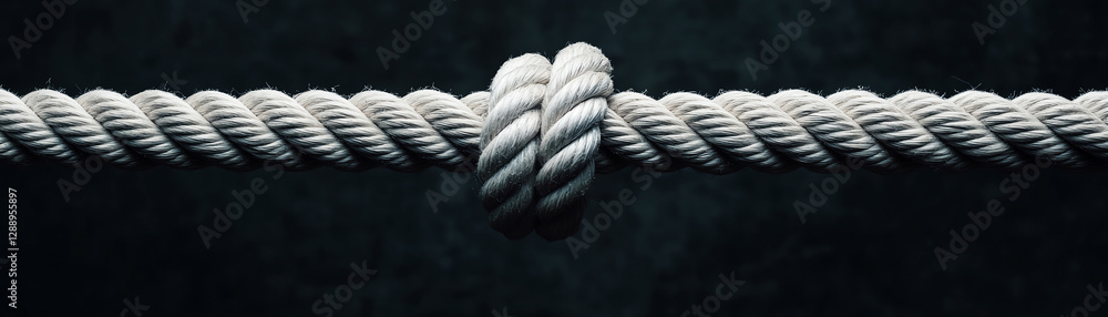 Close-up of white rope tied in knot against dark background, symbolizing strength and connection. Close-up of white rope tied in knot against dark background, symbolizing strength and connection.