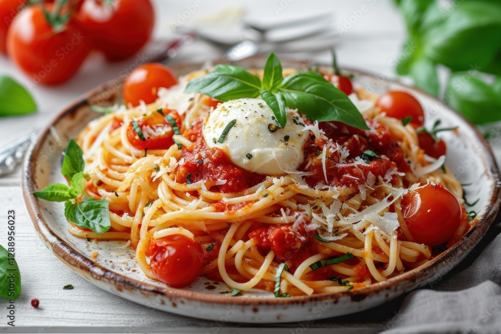 Pasta. Spaghetti with Tomato Sauce and Mozzarella, Italian Spaghetti, Rich Tomato Sauce, and Melted Mozzarella Cheese Isolated on Background with Copy Space. Italian Food Concept with Copy Space. Pasta. Spaghetti with Tomato Sauce and Mozzarella, Italian Spaghetti, Rich Tomato Sauce, and Melted Mozzarella Cheese Isolated on Background with Copy Space. Italian Food Concept with Copy Space.