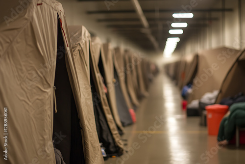 Indoor Shelter: Tents line a long corridor, offering temporary accommodation in a crisis relief or emergency housing facility. Soft light overhead. photo