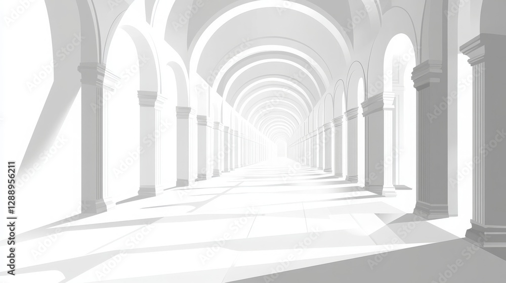 Fototapeta premium A white tunnel-like space, minimalistic and illuminated, resembling an empty museum corridor. Vector illustration. 