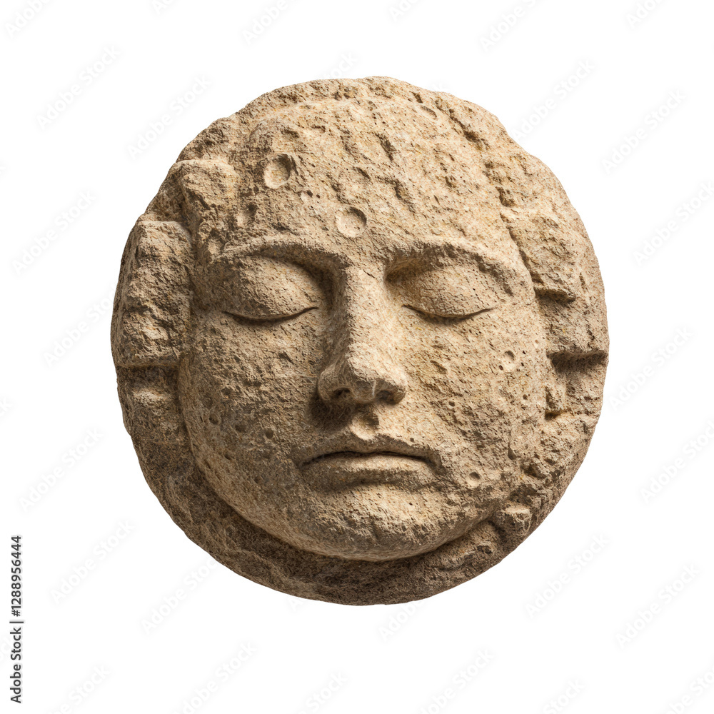 Stone sculpture of a womans head with masculine facial features and intricate details in a natural setting isolated on transparent background.. Stone sculpture of a womans head with masculine facial features and intricate details in a natural setting isolated on transparent background..