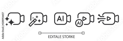 Set of generate video AI icon. Video camera with generate symbol. Creating videos with Machine learning. Artificial intelligence icon element for app and web. Vector illustration. Editable stroke.