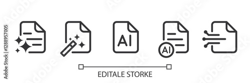 Set of AI document Generator icon. Document with generate symbol. Creating Data and Text by AI. Artificial intelligence icon element for app and web. Vector illustration. Editable stroke.
