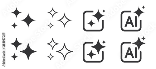 Set of generated AI icons. AI star symbol with a pointed and rounded tip. AI logotype. Artificial intelligence concept. Icon element for app and web. Vector illustration.