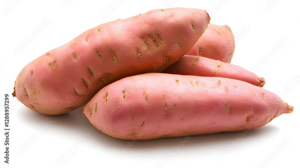 Fresh Organic Sweet Potatoes with Pink Skin and Nutrient-Rich Flesh Isolated on White Background Fresh Organic Sweet Potatoes with Pink Skin and Nutrient-Rich Flesh Isolated on White Background