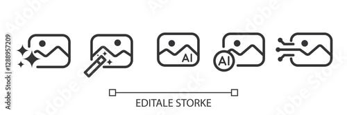 Set of AI Picture Generator icons. Image with generate symbol. Creating Picture by AI. Artificial intelligence icon element for app and web. Vector illustration. Editable stroke.