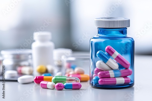 Frascos de medicamentos coloridos sobre una superficie blanca en un entorno luminoso y clínico