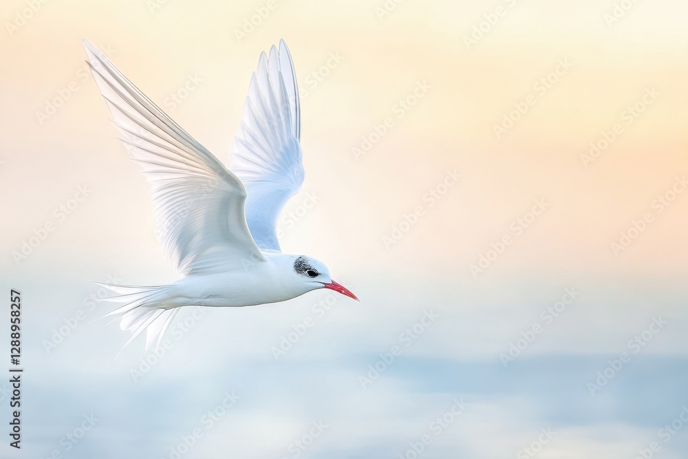 Graceful Bird in Flight: Captivating Image of an Arctic Tern gliding across a pastel sky, symbolizing freedom and natural beauty. Graceful Bird in Flight: Captivating Image of an Arctic Tern gliding across a pastel sky, symbolizing freedom and natural beauty.