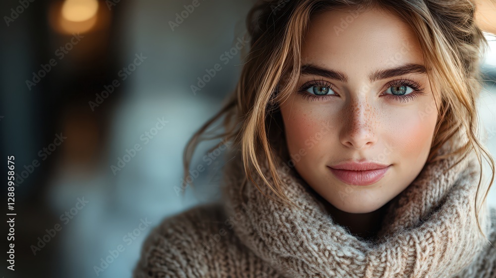 Serene portrait of a woman wearing sweater in natural light. Serene portrait of a woman wearing sweater in natural light.