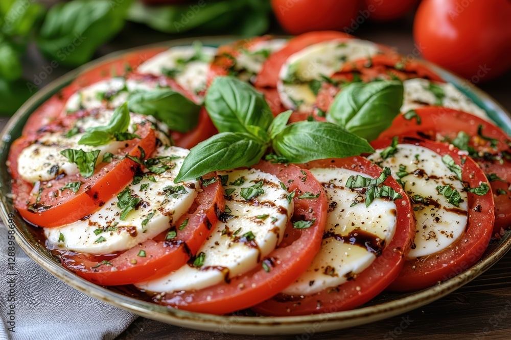 Vibrant caprese salad with heirloom tomatoes kitchen food photography rustic setting close-up shot culinary delight