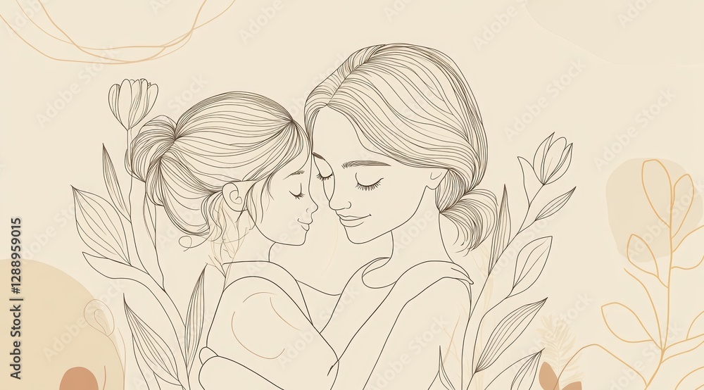 The Warmth of a Mother's Embrace. Mother's Day. Elegant line art of mother embracing daughter, celebrating love and bond for mother's day concept. The Warmth of a Mother's Embrace. Mother's Day. Elegant line art of mother embracing daughter, celebrating love and bond for mother's day concept.
