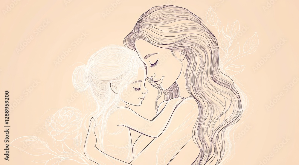The Warmth of a Mother's Embrace. Mother's Day. Elegant line art of mother embracing daughter, celebrating love and bond for mother's day concept. 