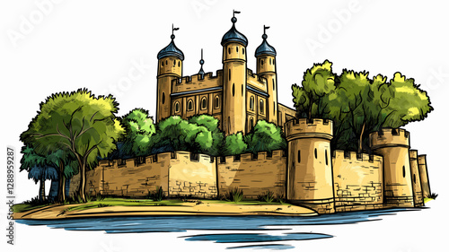 Vector comic hand-drawn illustration of Tower of London. Tower of London