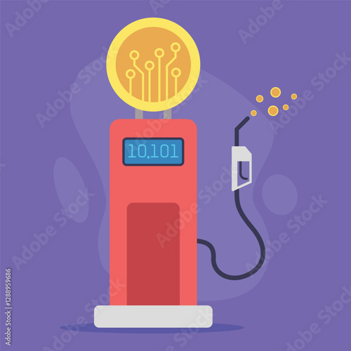 Fueling station with cryptocurrency coin symbol on top and digital display showing numbers and fuel nozzle, all set against vibrant purple background