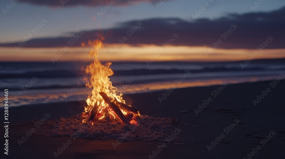 Fototapeta premium Cozy bonfire on the beach at sunset, warm and relaxing outdoor experience