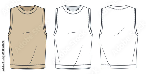 Crew Neck Tank Top technical fashion illustration. Unisex Sleeveless Top fashion flat technical drawing template, front and back view, white, beige, women, men, unisex Top CAD mockup set.