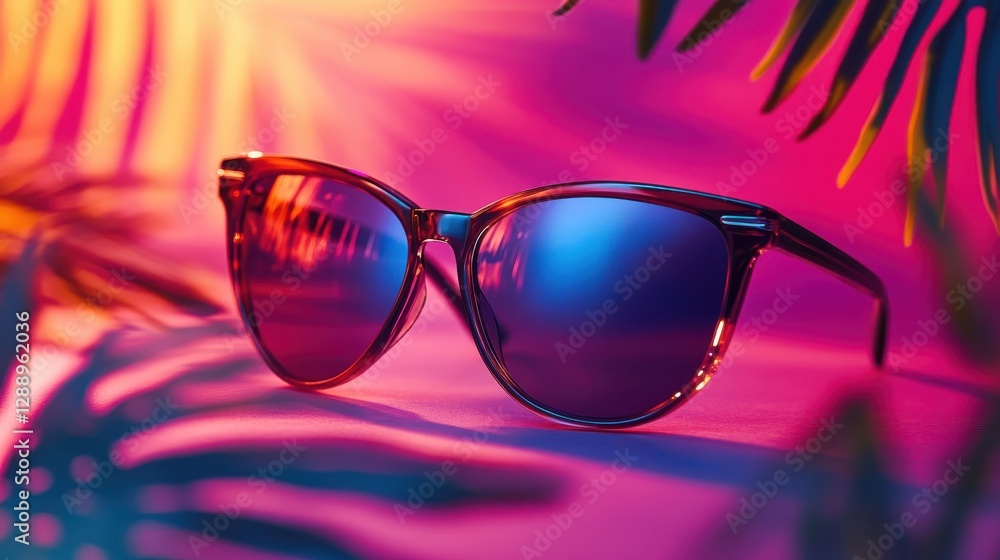 Stylish Sunglasses Resting on Vibrant Pink Surface Stylish Sunglasses Resting on Vibrant Pink Surface