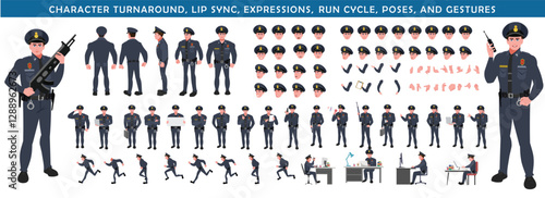 Police Officer Character Design Model Sheet. Man, Character design. Front, side, back view and explainer animation poses. Character set with lip sync and Walk cycle animation sequences.
