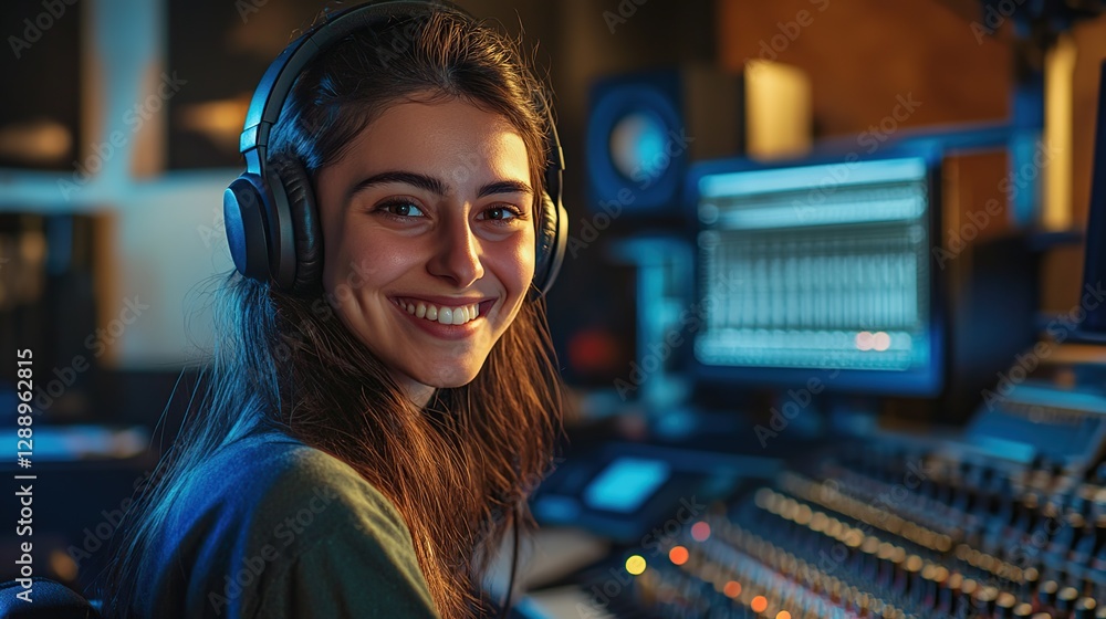 Brunette teen smiling using headphones in front of computer in studio