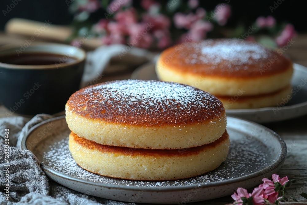Fluffy japanese souffle pancakes jiggling on a plate home kitchen food photography cozy indoor close-up culinary delight Fluffy japanese souffle pancakes jiggling on a plate home kitchen food photography cozy indoor close-up culinary delight